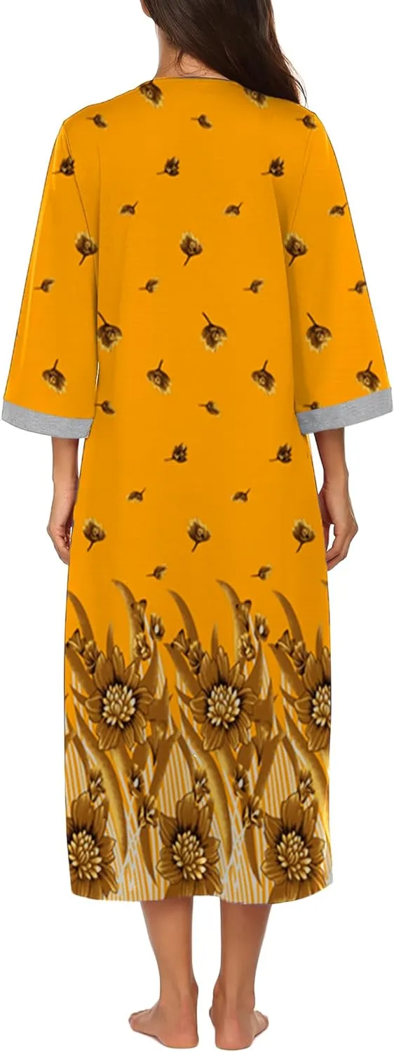 50% OFF Women Zipper Robe 3/4 Sleeves Loungewear Dress Full Length Sleepwear Pockets Housecoat Nightgown Long Bathrobe