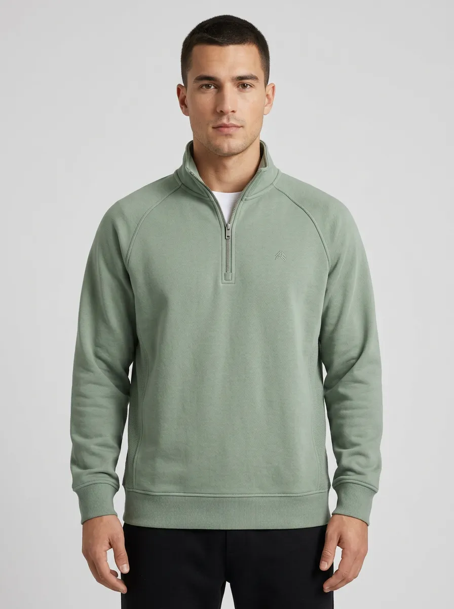 Men's Refined Minimalist Textured Raglan Embroidered Emblem Quarter-Zip Sweatshirt