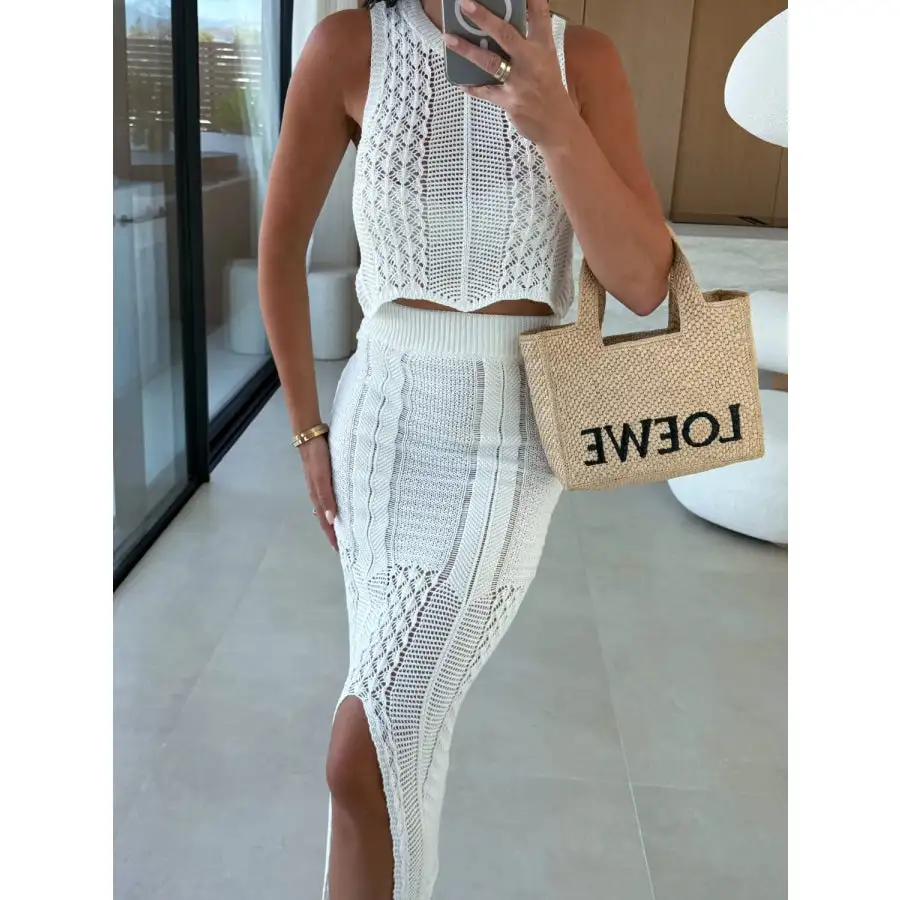 Openwork Round Neck Top and Slit Skirt Sweater Set