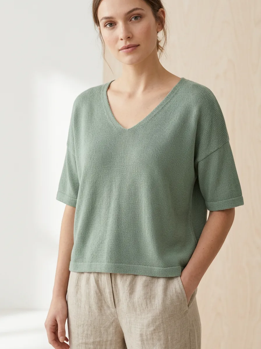 Women's V-Neck Textured Knit T-Shirt