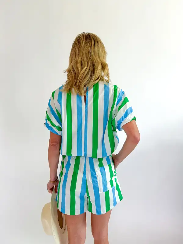 Striped High Waist Top And Shorts Set