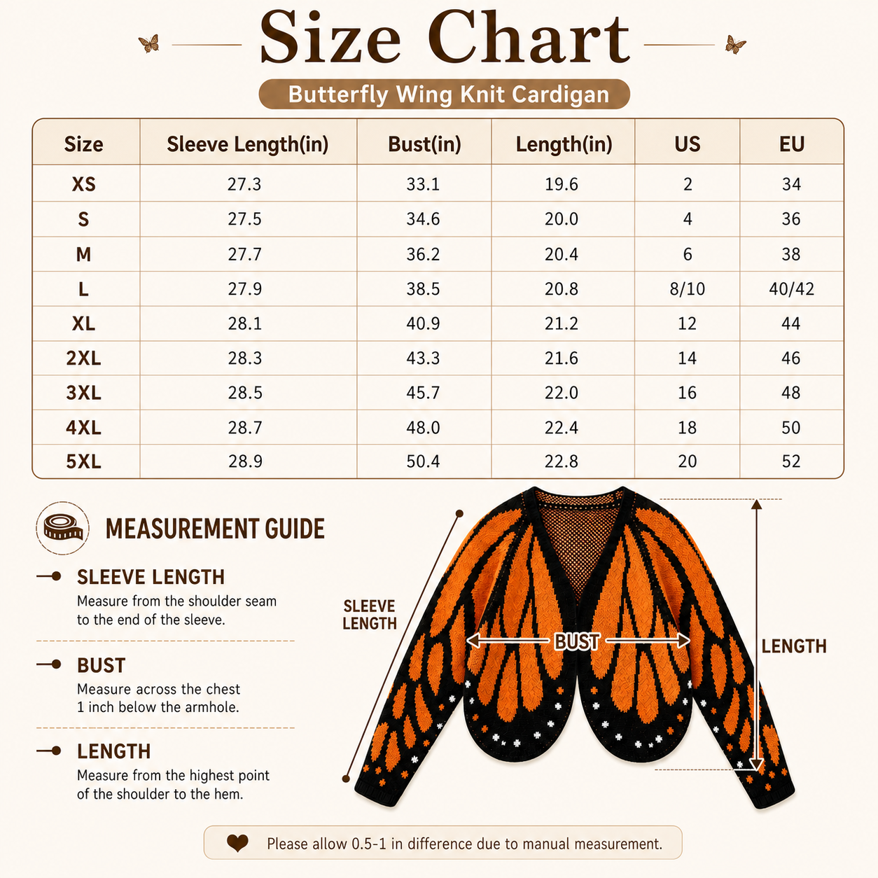 Butterfly Wing Knit Cardigan Size Chart