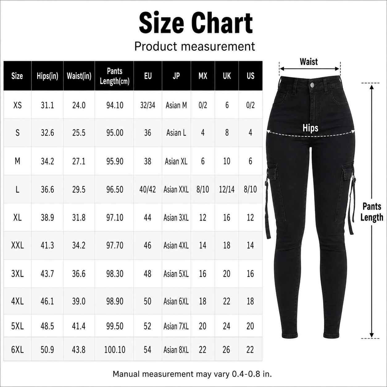 High Waist Slim Cargo Jeans Size Chart