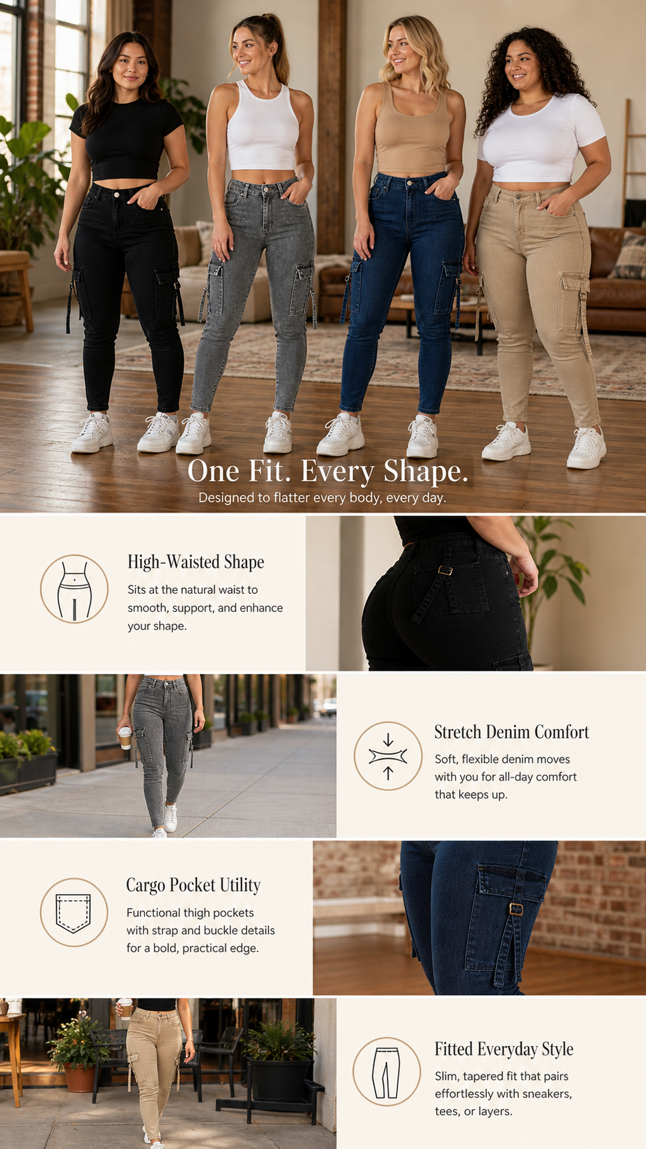 High Waist Slim Cargo Jeans Everyday Fit