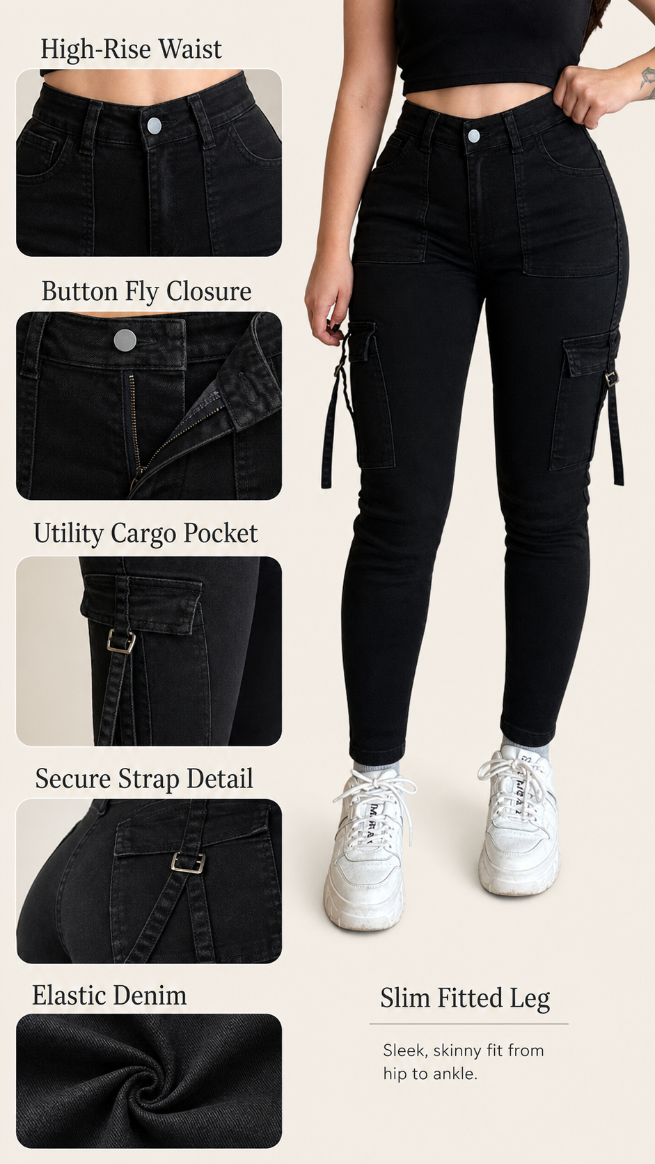 High Waist Slim Cargo Jeans Fabric Details
