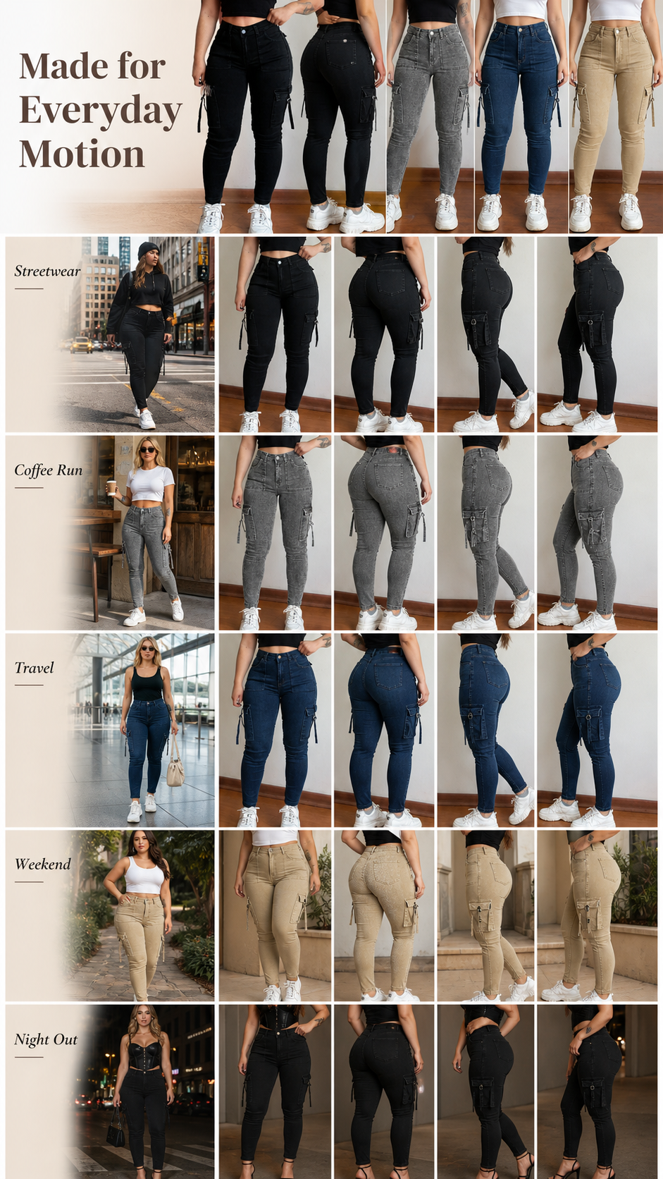 High Waist Slim Cargo Jeans Color Options