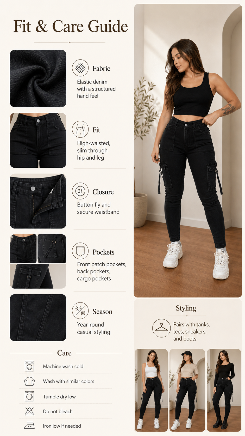 High Waist Slim Cargo Jeans Care And Fit