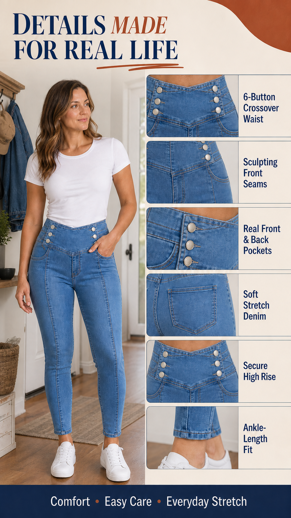 Six-Button V-Waist High-Stretch Jeans Details