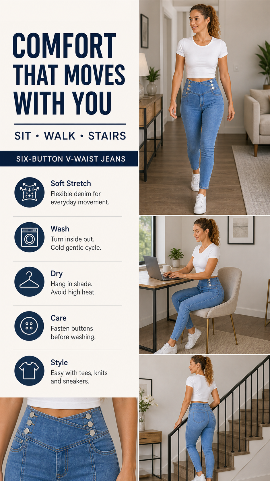 Six-Button V-Waist High-Stretch Jeans Lifestyle