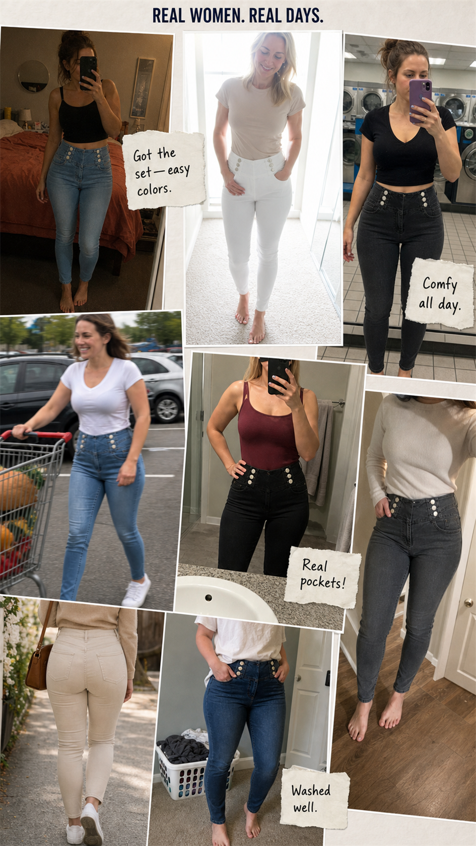 Six-Button V-Waist High-Stretch Jeans Styling