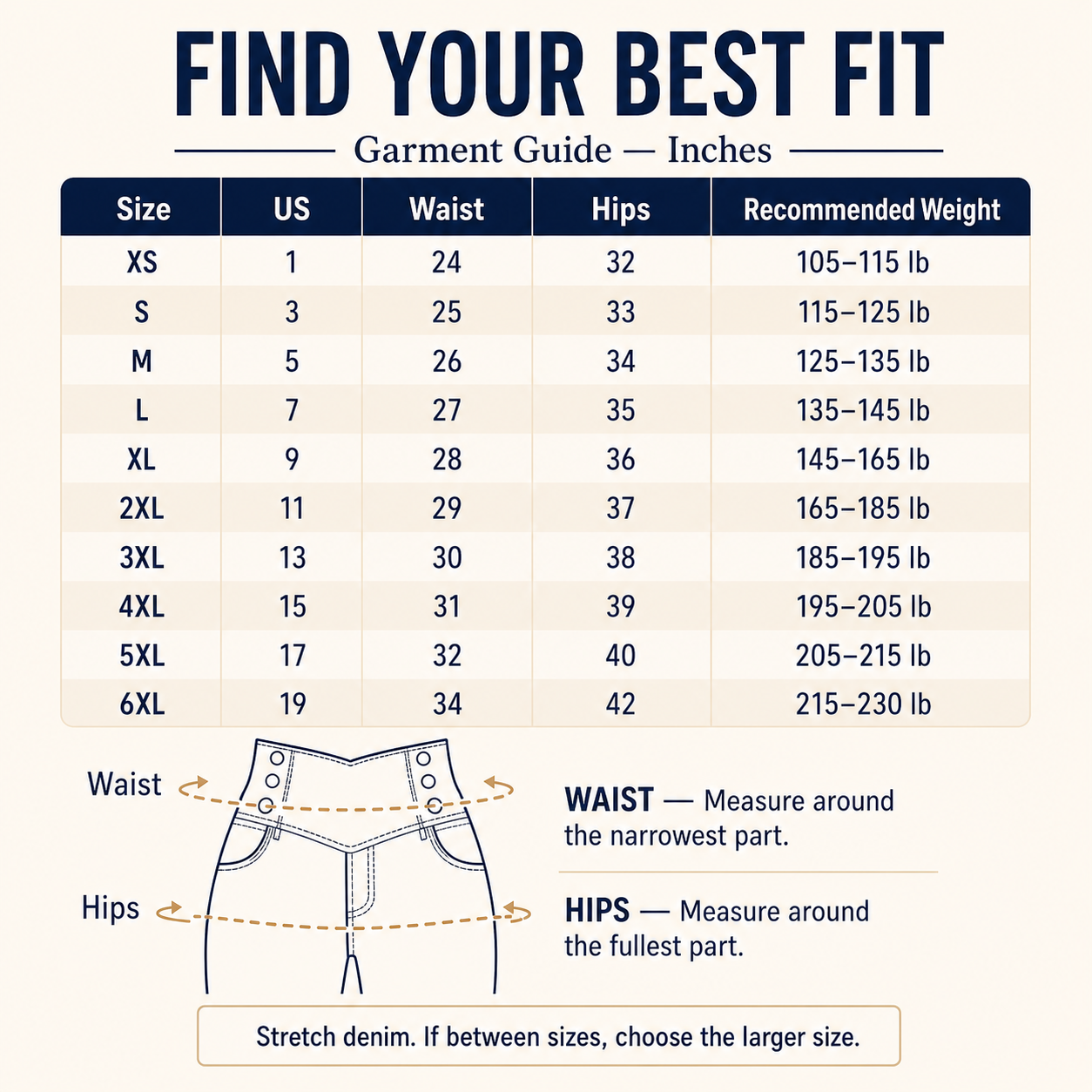 Six-Button V-Waist High-Stretch Jeans Size Chart