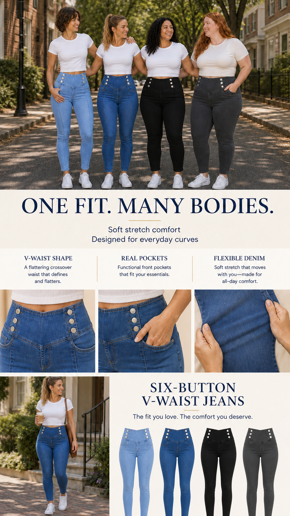 Six-Button V-Waist High-Stretch Jeans Fit