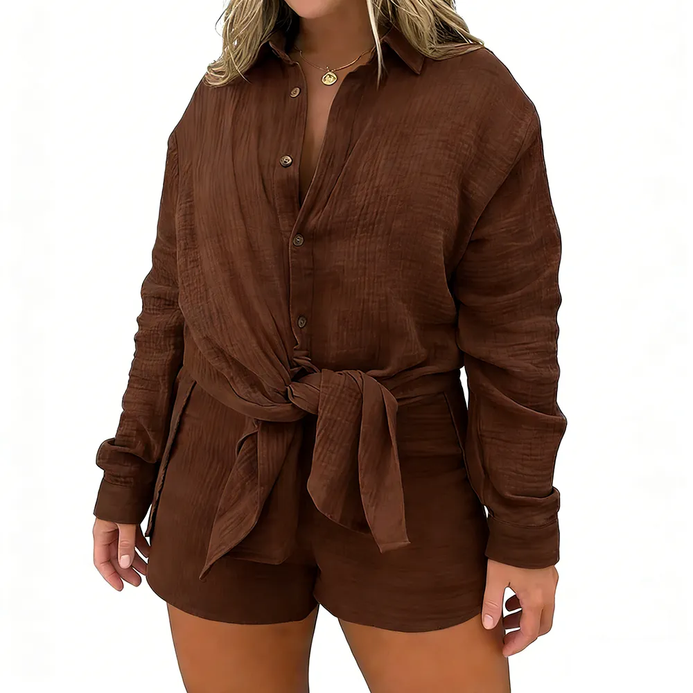 Women 2 Piece Outfits Long Sleeve Blouse and Shorts Sets