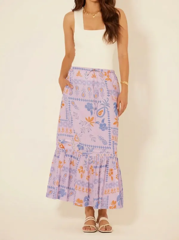 Women's Boho Blue Orange Floral Paisley Printed Midi Skirt