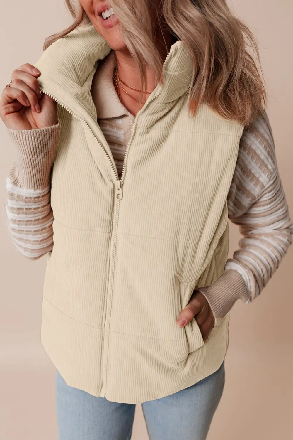 Corduroy Stand Collar Zip Puffer Vest