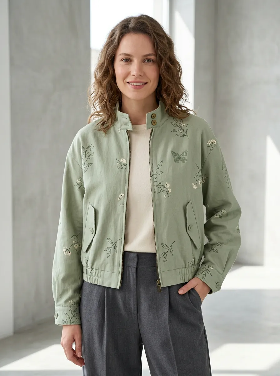 Women's Butterfly Floral Printed Bomber Jacket