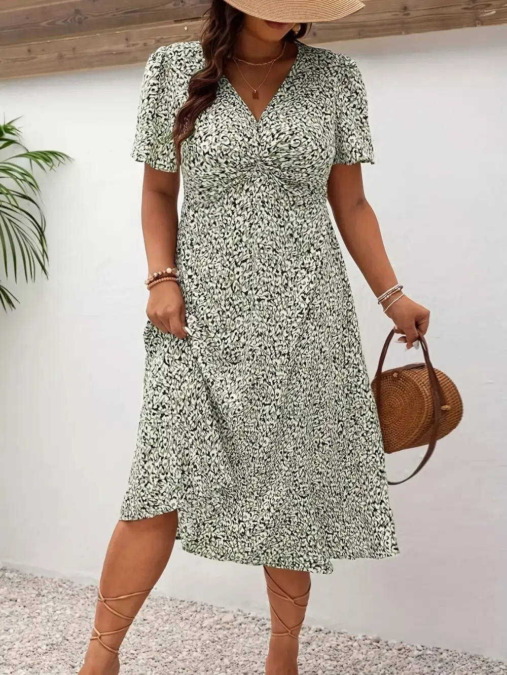 Polished Detail Printed V Neck Short Sleeve Midi Dress
