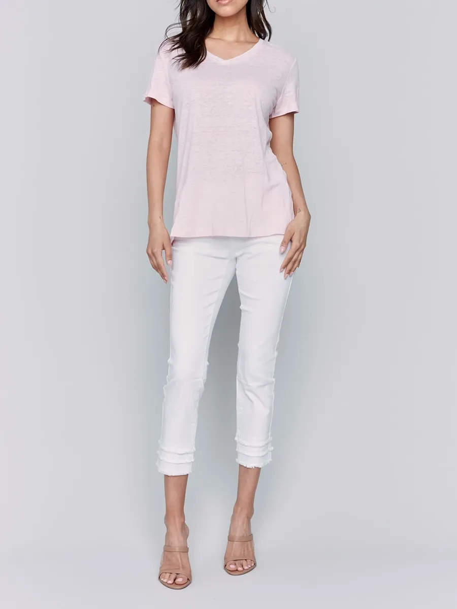 V-Neck Loose Solid Color Skin-Friendly Linen Short Sleeves