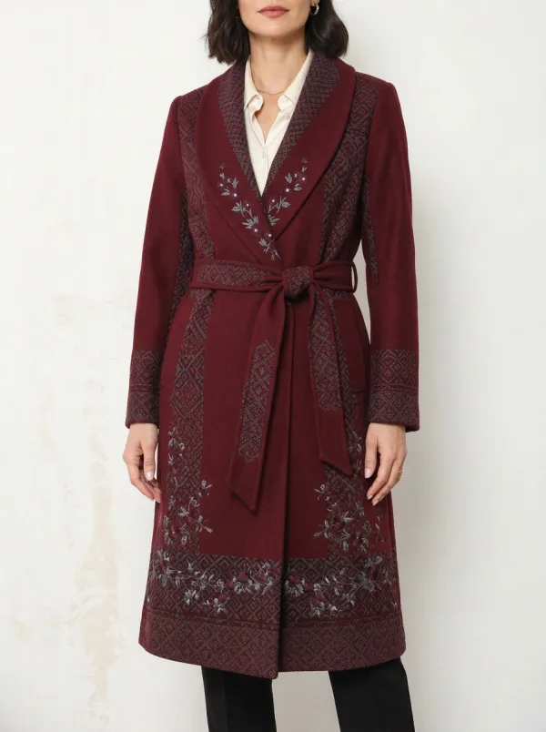 Women's Floral Geometric Pattern Embroidered Belted Wool Coat