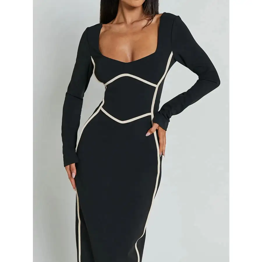 Contrast Trim Long Sleeve Bodycon Maxi Dress