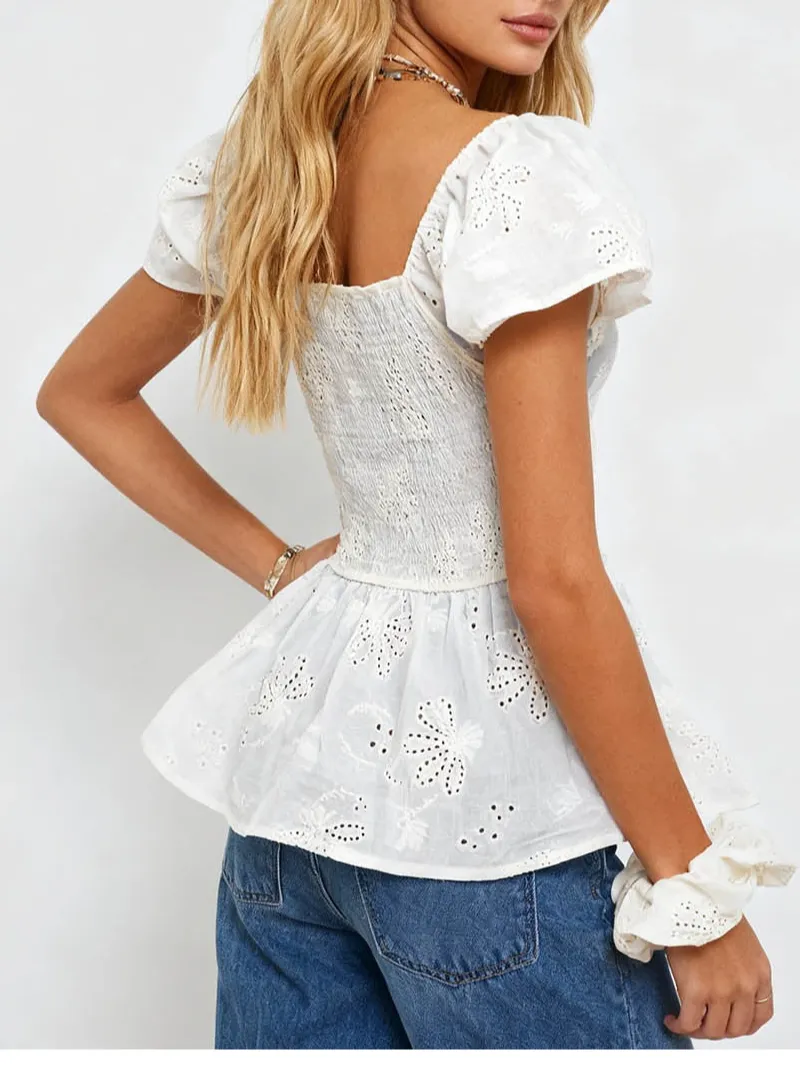 Chic Hollow Out Embroidery Square Neck Short Sleeves Top