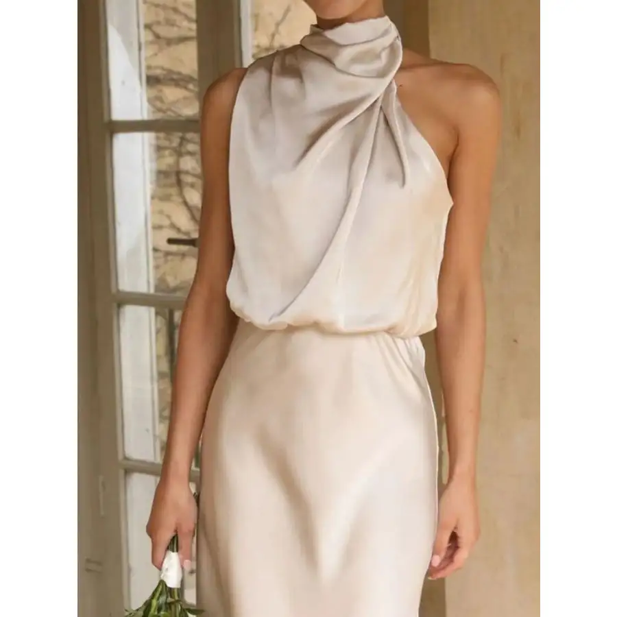 Asymmetrical Ruched Sleeveless Midi Dress