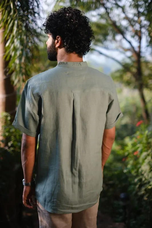 Sage Green Relaxed Linen V-Neck Shirt