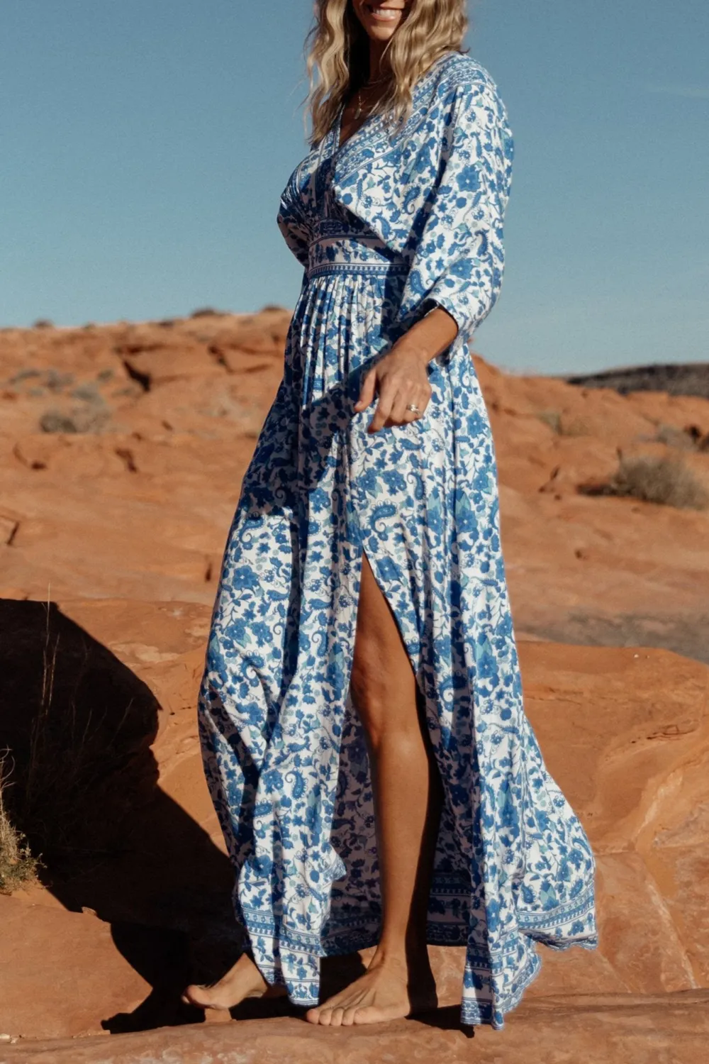 Blue Floral Slit High-Waisted  Dress
