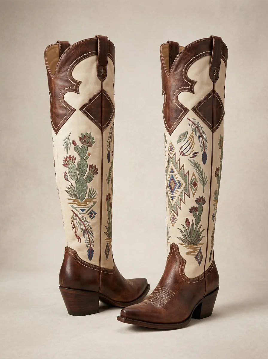 Women's Western Cactus Geometric Star Embroidered Pointed-Toe Block-Heel Denim Over-the-Knee Boots