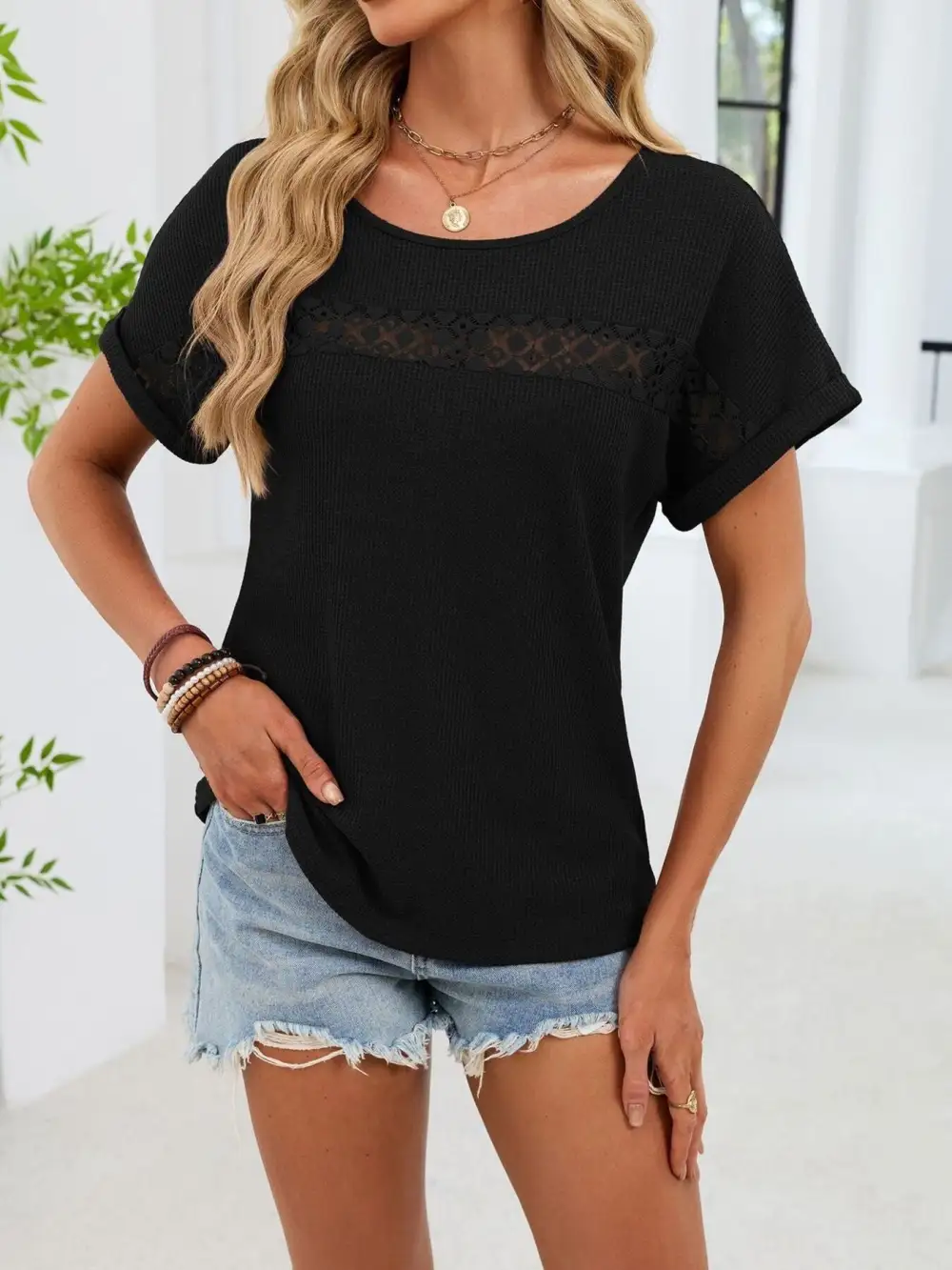 Easygoing Short-Sleeve Lace-Detail T-Shirt