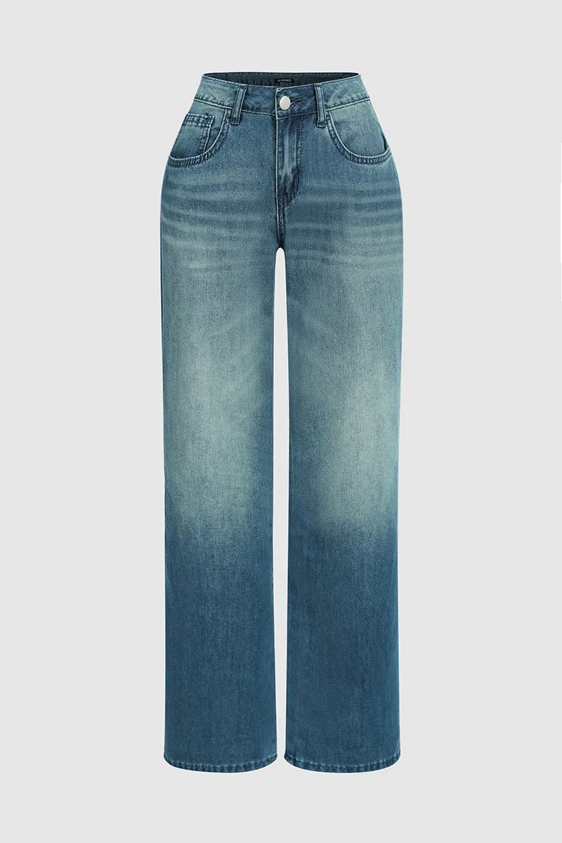 Washed Low Waist Wide Leg Jeans Without Belt