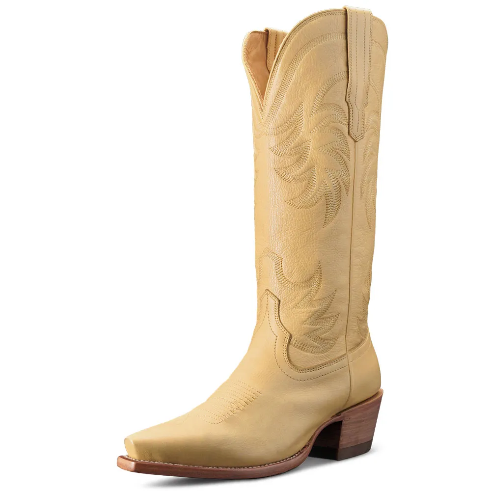Faux-Leather Embroidered Snip-Toe Block-Heel Mid-Calf Boots