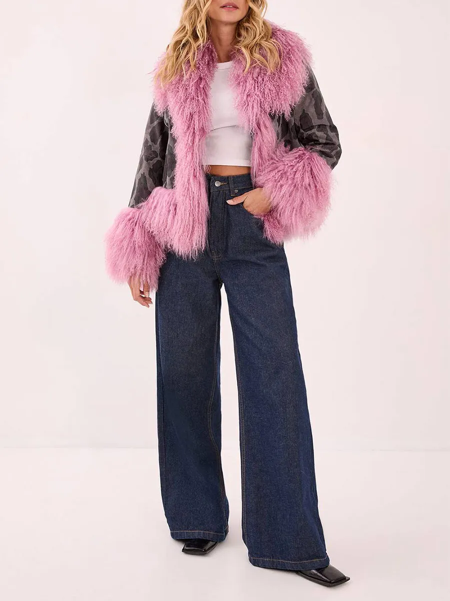 Women's Contrast Fuzzy & Leopard-Print Cropped Jacket