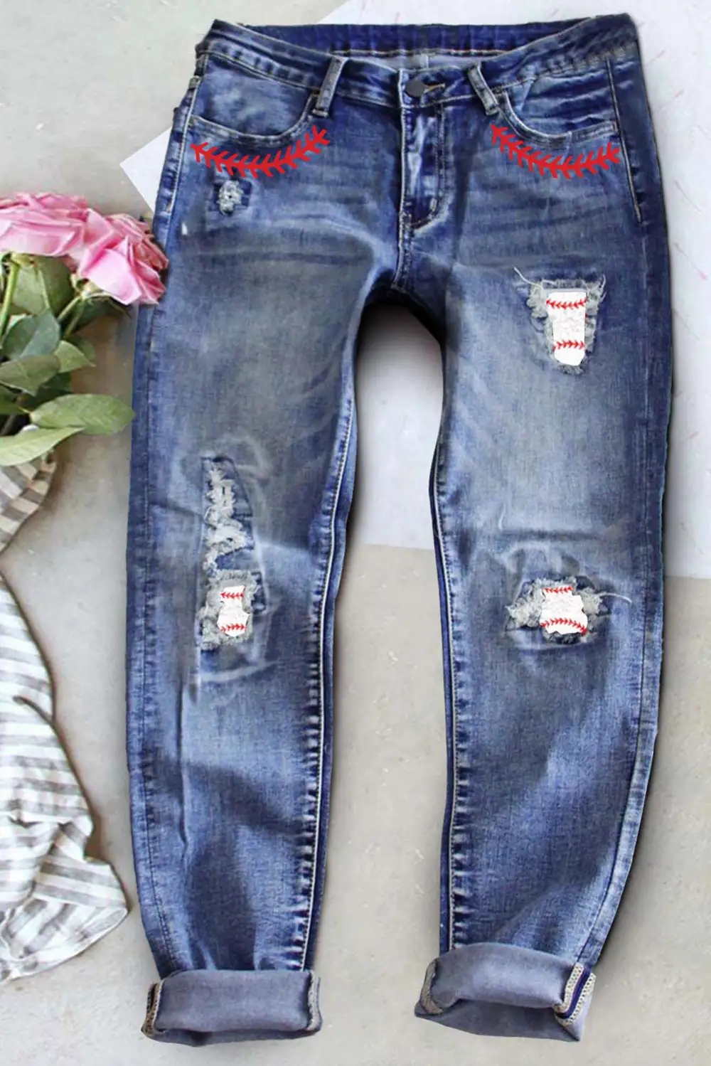 Baseball Ripped Denim Jeans