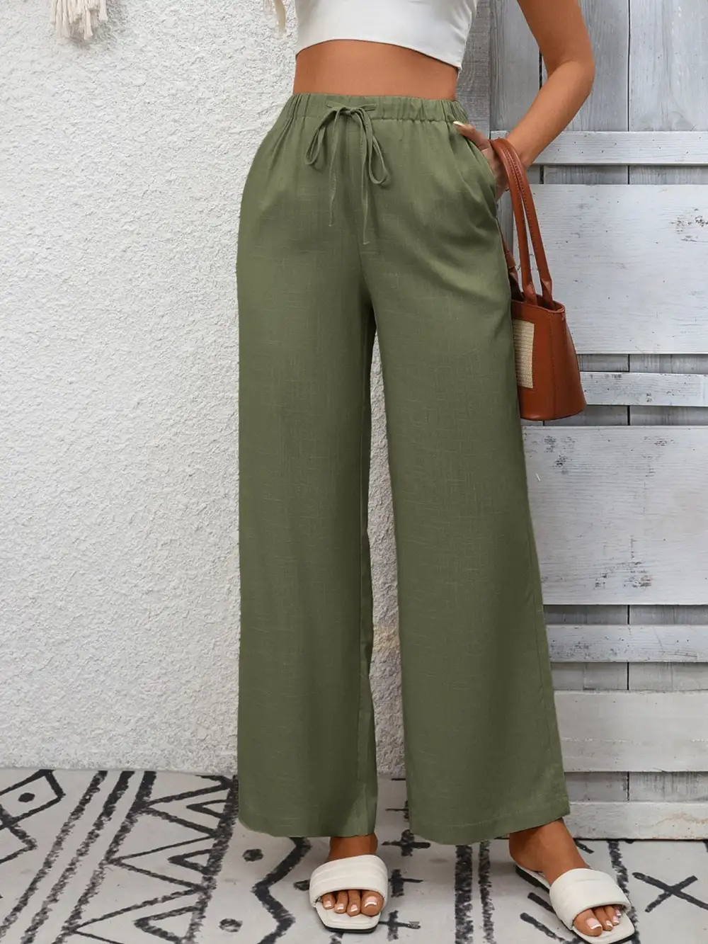 Wide Leg High Waist Drawstring Pocketed Pants