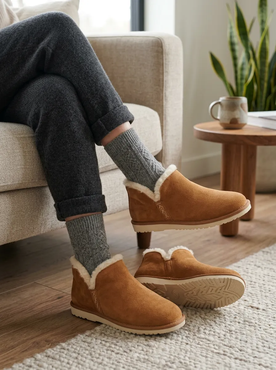 Women's Cozy Winter Suede Faux Fur Lined Wool Slippers