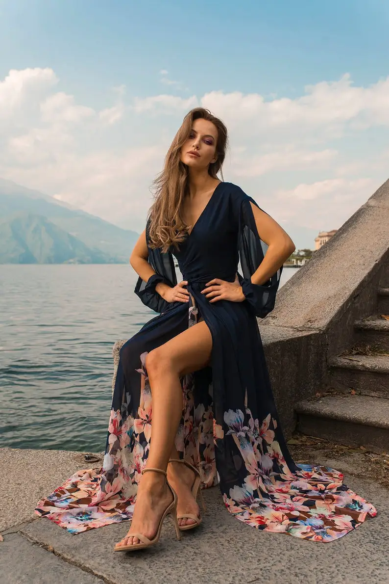 Floral Wrap-over Dress FLORENCE - Long Wedding Guest Dress - Blue Dress For Womne - Chiffon Bridesmaid Dress
