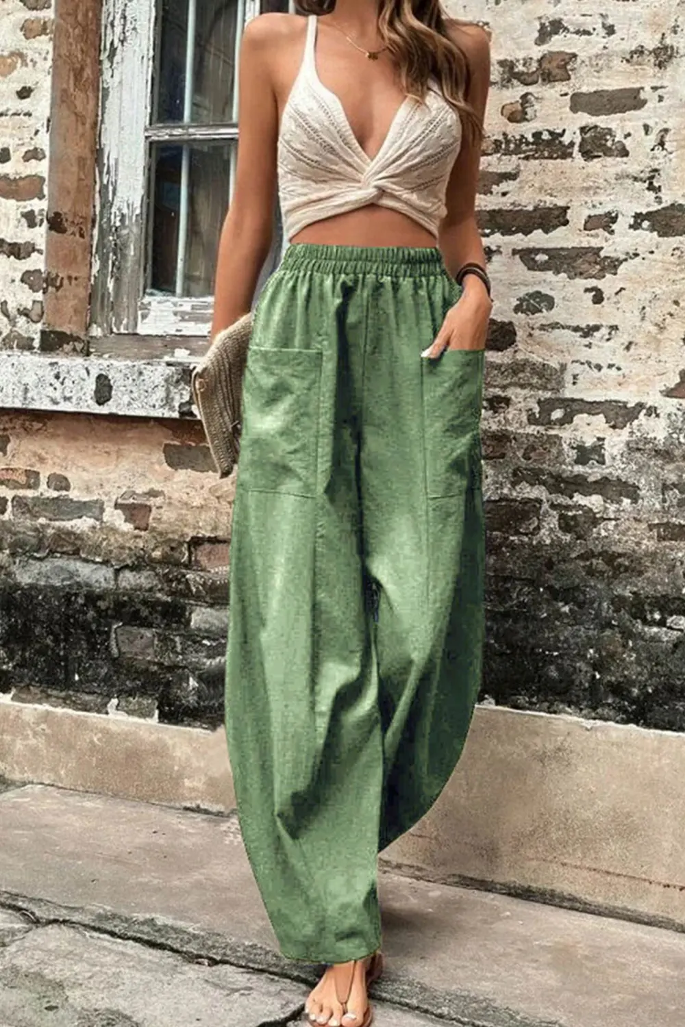 Elastic Waist Pocket Harem Pants