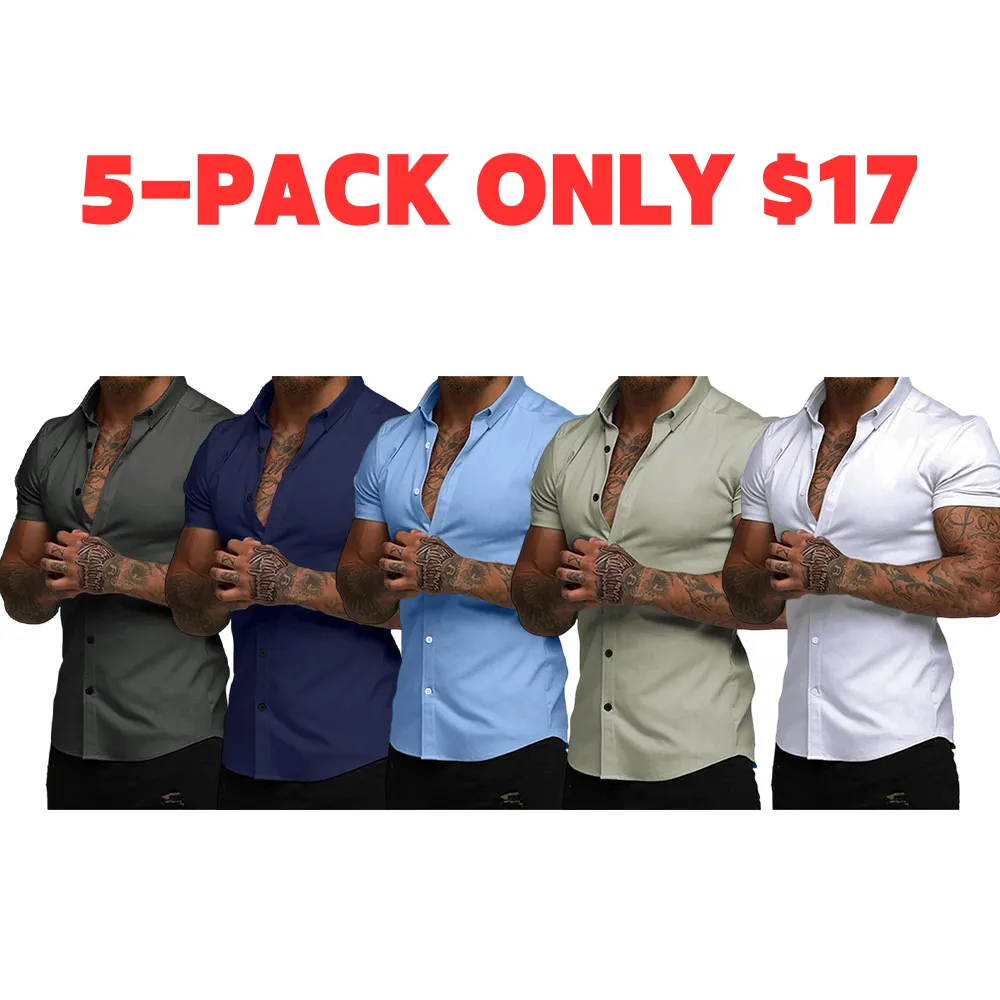 Men's Muscle Fit Dress Shirts Casual Button Down Shirt Short Sleeve Wrinkle-Free Shirts