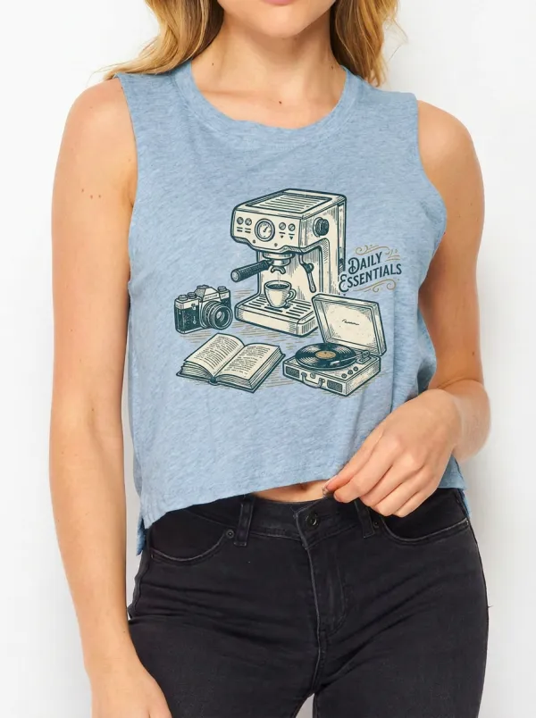 Women's Coffee Camera Book Vinyl Printed Crop Tank Top