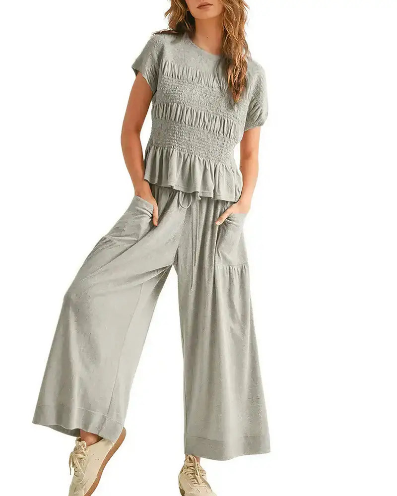Smocked Peplum Top and Wide Leg Pants Two-Piece Set
