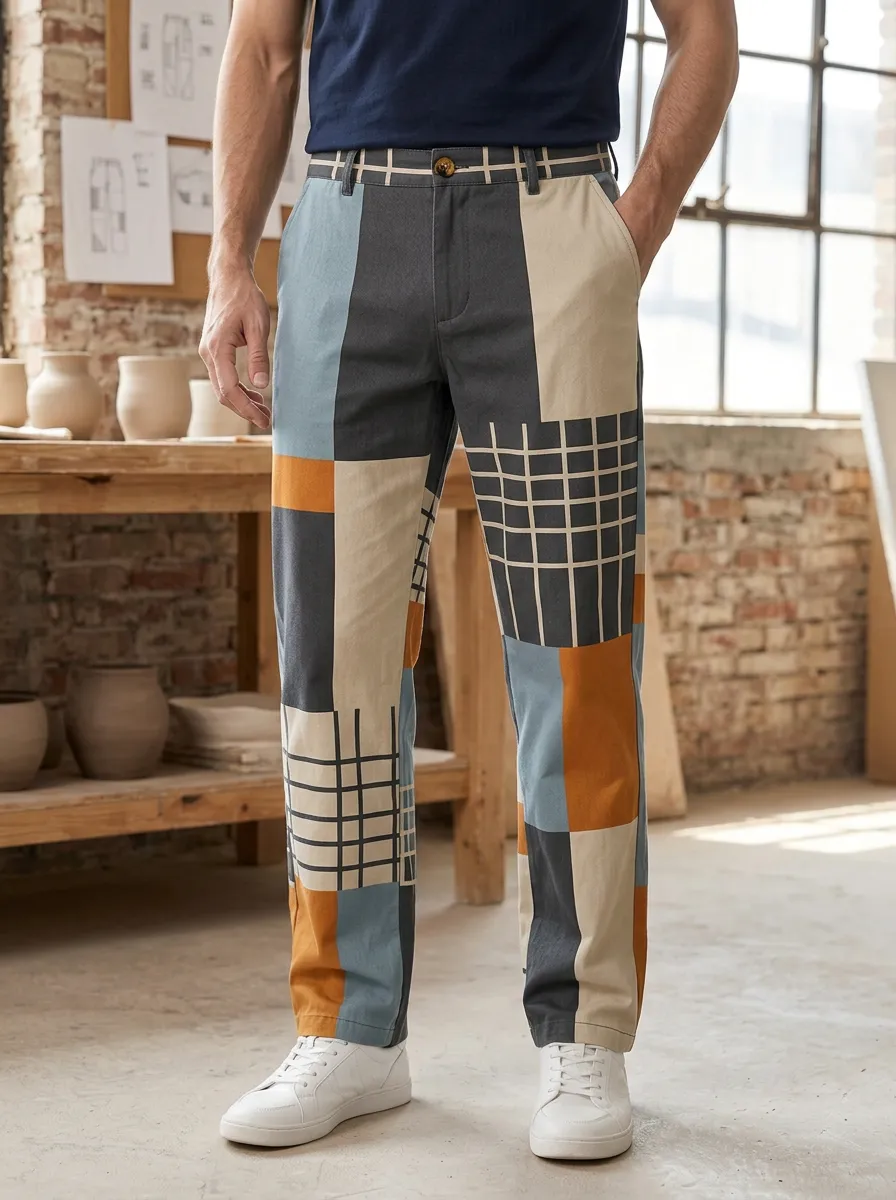 Men's Geometric Patchwork Colorblock Printed Pants