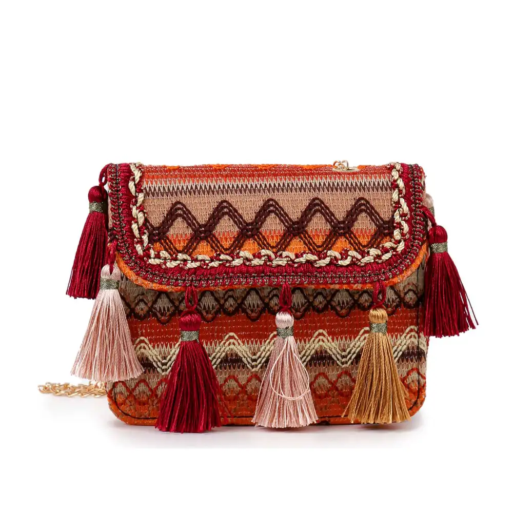 Woven Tassel Accent Chain Accent Faux Leather Shoulder Bag