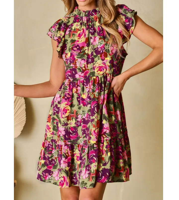 Ruffled Printed Mock Neck Cap Sleeve Mini Dress