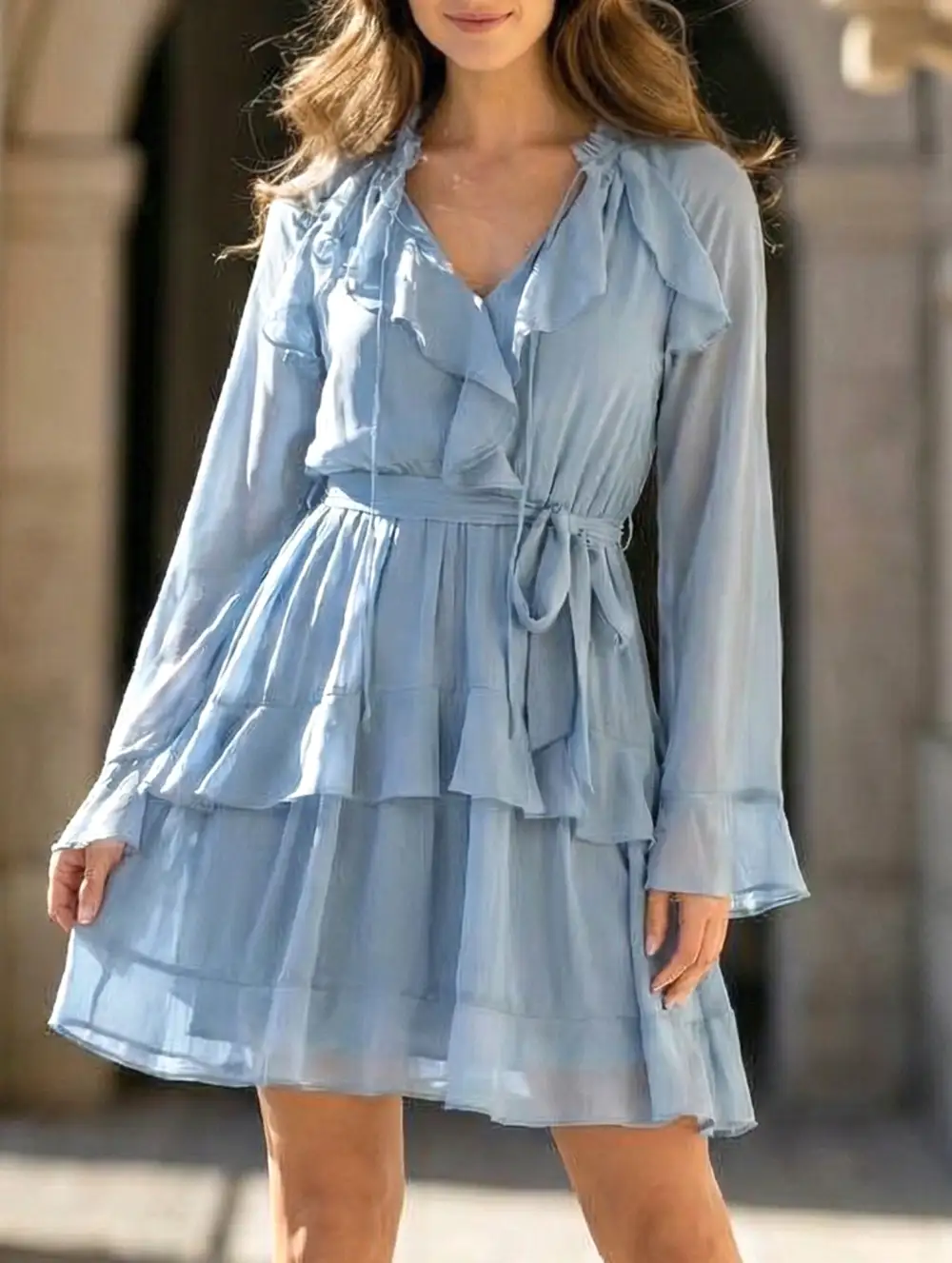 V-Neck Ruffle Bell Sleeve Slim Dress