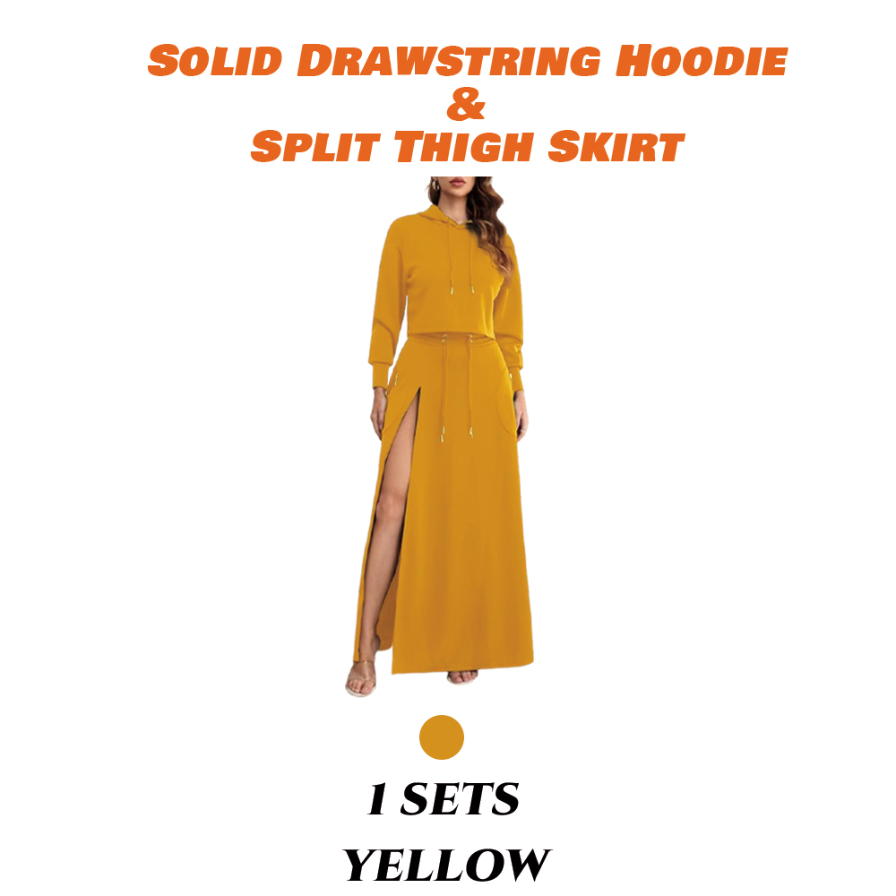 Women'S Solid Drawstring Hoodie & Split Thigh Skirt Set, Long Sleeve Top & Pocket Long Skirt, Casual Fashion Cozy Co-Ord Set, Women Clothes
