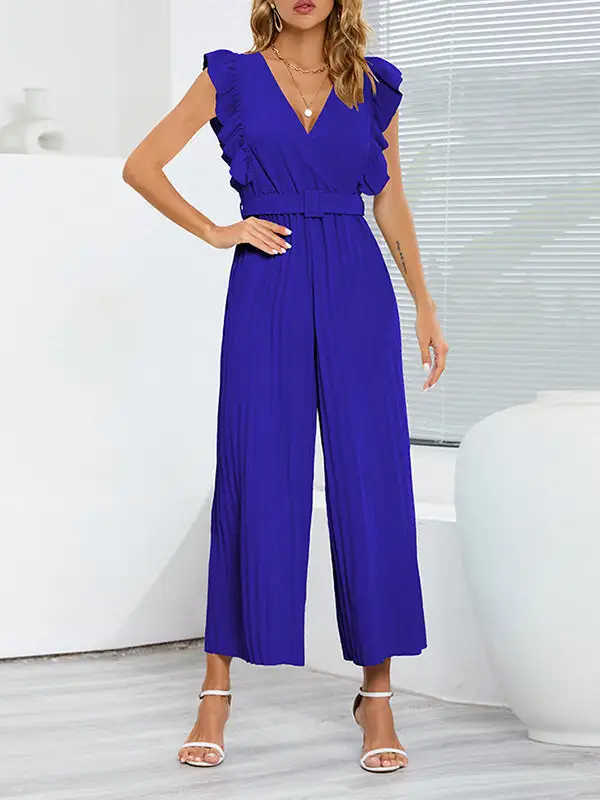 Hoog Getailleerde Losse Geplooide Jumpsuits Met V Hals