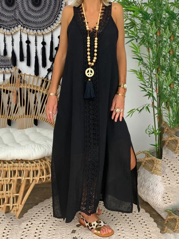 Women's Dresses Casual V-Neck Lace Panel Sleeveless Dress