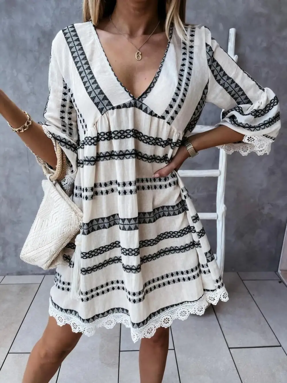 V-Neck Lace Trim Striped Midi Dress