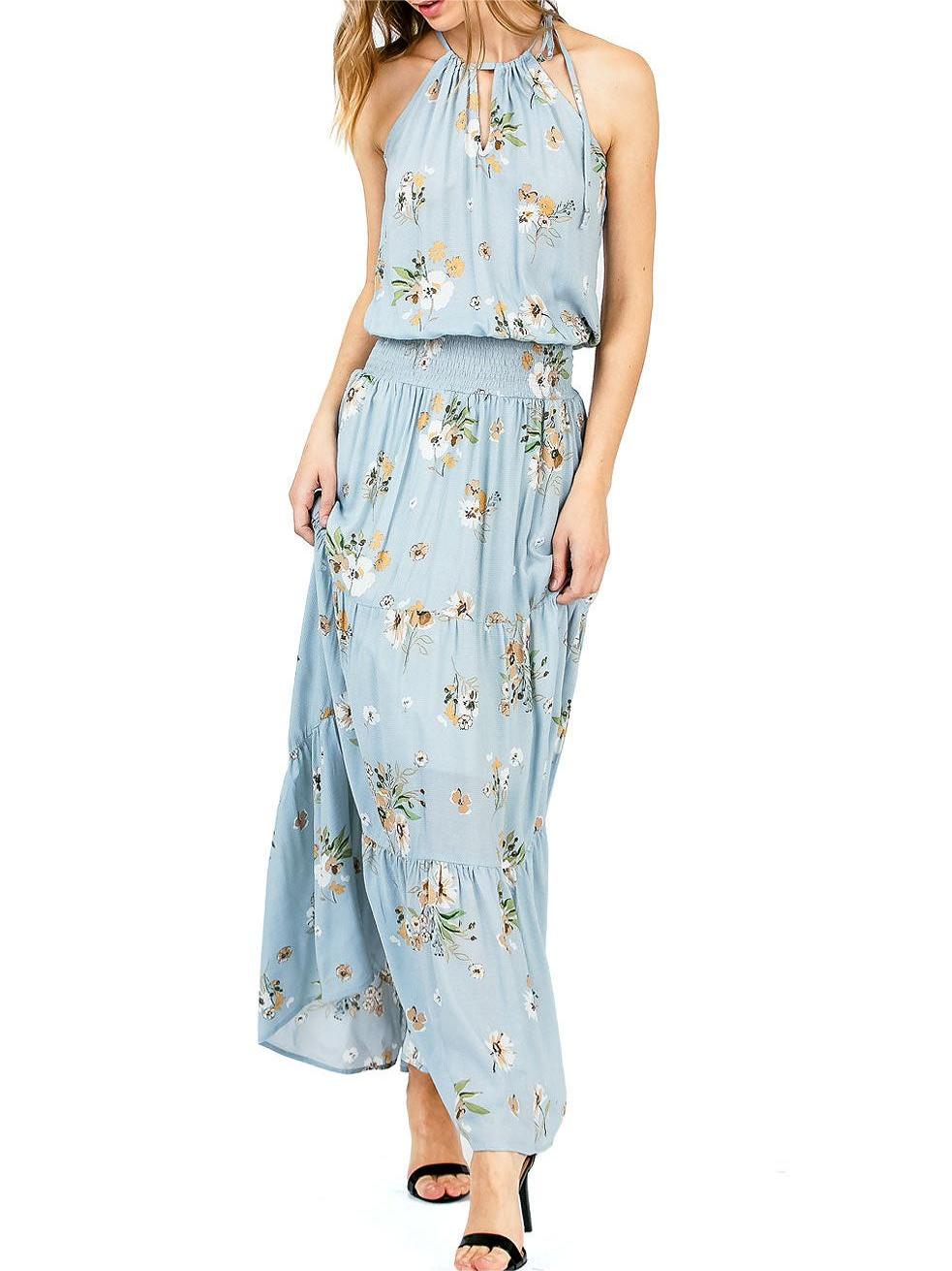 Light Blue Floral Halter Maxi Dress